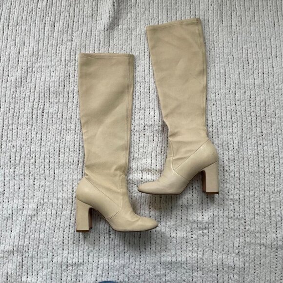 Stuart Weitzman Women's Leather Bisque Knee-High Milla Boots - Size 6 - Picture 2 of 6